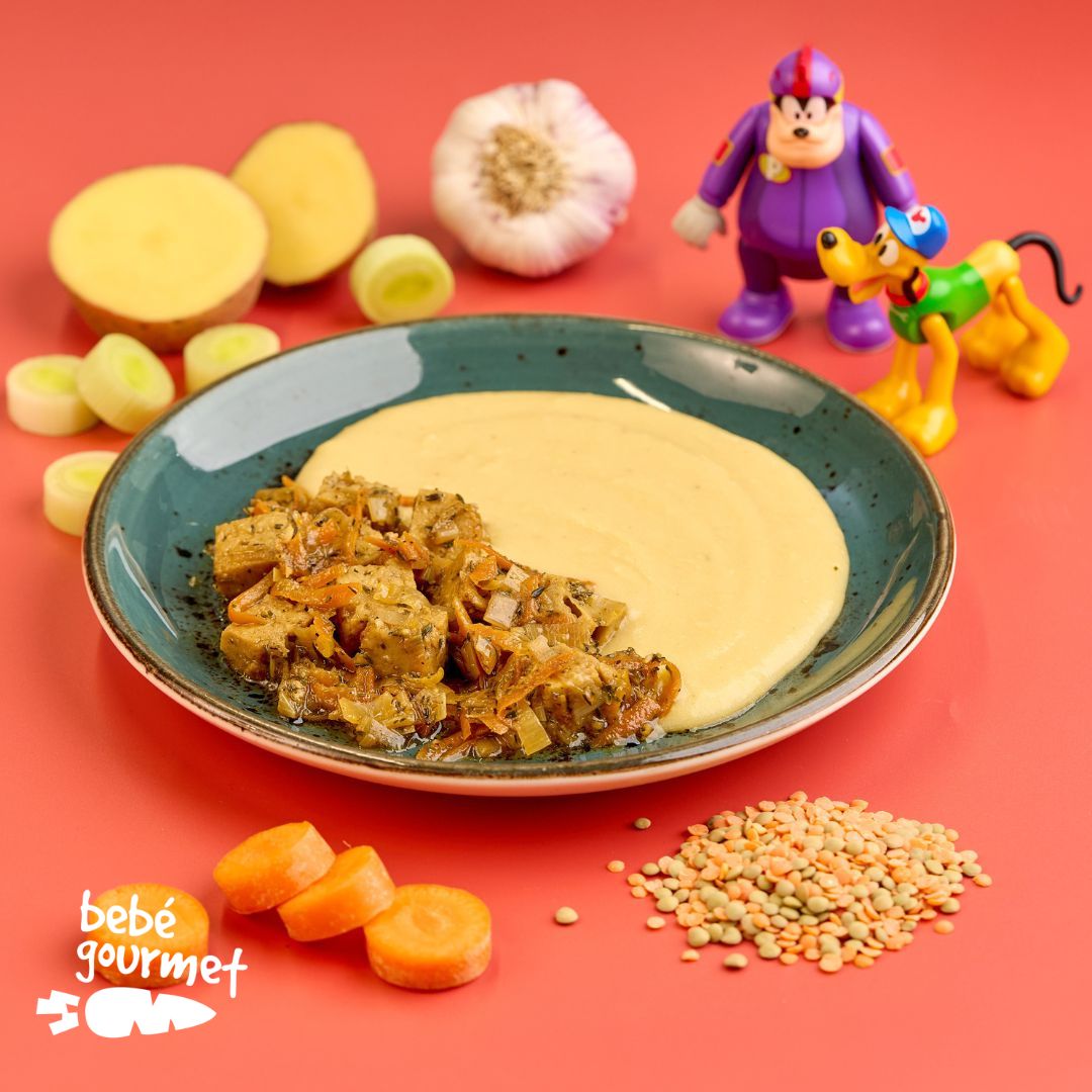 Seitan Salteado com Legumes e Puré de Lentilhas (12+)